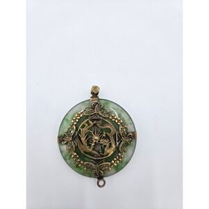 Vintage Chinese Jade Bi Disc Pendant Brass Dragon Phoenix Filigree Butterfly